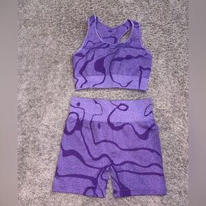 Purple Patterned Sports Bra and Shorts Set